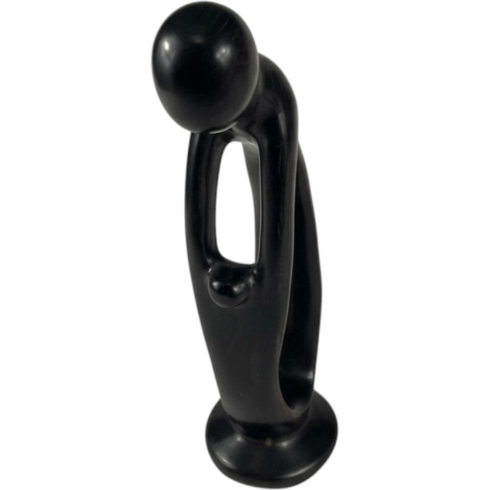 Signed Mother &‎ Child Sculpture 11.5" Hand Carved Black Soapstone African Style